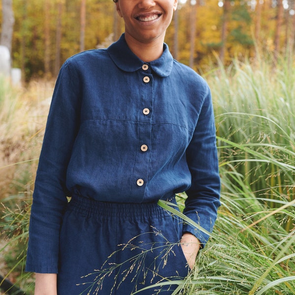 Brandi navy blue shirt - Washed linen shirt - Linen shirt - Round collar shirt - Basic linen shirt