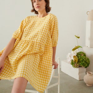 Beth Yellow Gingham dress - Gingham Linen Dress - Summer linen dress