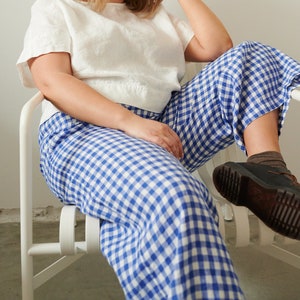 Ocean Blue Gingham Trousers - Linen pants - Linen Trousers - Gingham Linen Trousers