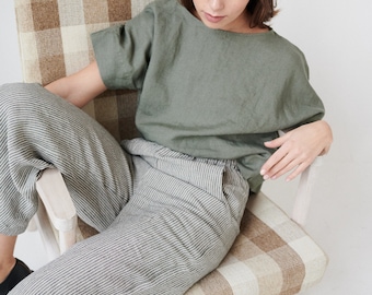 Ocean grey stripes trousers - Linen pants - Linen trousers - Linen culottes - Washed linen pants - Simple linen pants - Wide linen pants