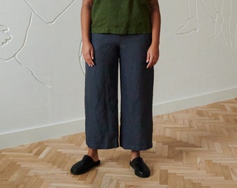 Pantaloni grigio grafite pesante oceano - Pantaloni di lino pesanti - Pantaloni di lino - Culotte di lino - Pantaloni di lino pesanti lavati - Pantaloni di lino morbidi