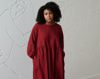 Margo burgundy red linen dress -Oversized linen dress - Linen dress - Fall linen dress - Long linen dress