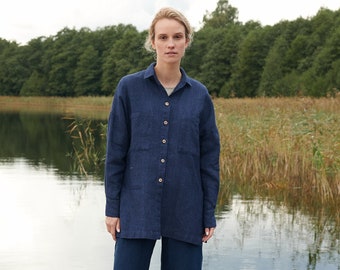 Vika navy blue linen wool blend shirt - Wool shirt - Linen wool shirt - Drop shoulder shirt - Oversized wool shirt
