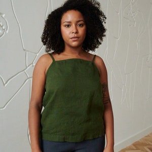 Stella forest green top - Linen top - Linen blouse - Linen basic top - Spaghetti straps top