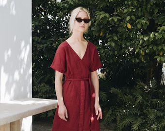 Mimosa burgundy red dress - Maternity dress - Wrap linen dress - Oversized linen dress - Summer dress - Linen dress