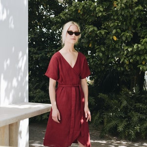 Mimosa burgundy red dress - Maternity dress - Wrap linen dress - Oversized linen dress - Summer dress - Linen dress