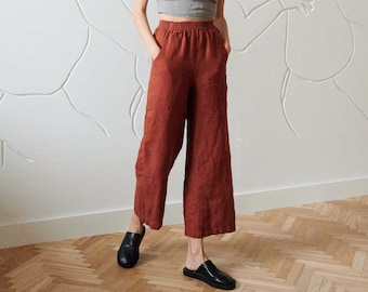 Ocean terracotta waffle trousers - Washed linen trousers - Linen pants - Wide linen trousers