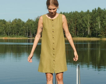 Selma heavy olive linen dress - Heavy linen dress - Mini linen dress - Washed linen heavy dress - Snap button linen dress