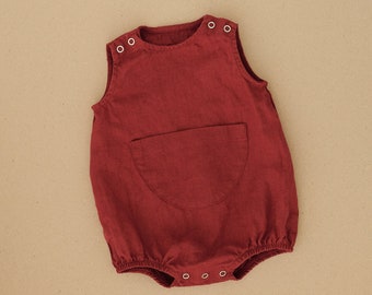 Unisex linen baby romper with pocket