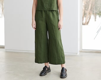 Ocean forest green trousers - Linen pants - Linen trousers - Linen culottes - Washed linen pants - Wide linen pants