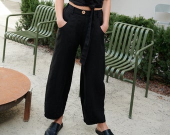 Frankie heavy black trousers - Heavy linen pants - Linen trousers - Linen barrel pants - Washed heavy linen pants