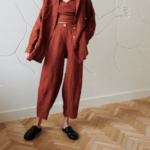 Ready to ship - Frankie terracotta waffle linen trousers - Barrel linen trousers - Washed linen trousers - Soft linen linen trousers