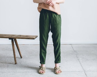 Nova forest green trousers - Tapered linen pants - Linen trousers - Soft linen pants