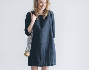 Robe gris graphite Janid - Robe simple en lin - Robe en lin basique - Robe ample - Robe en lin lavé - Robe en lin doux - Tunique en lin