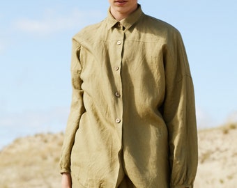 Lyn olive shirt - Linen shirt - Drop shoulder shirt - Oversized linen shirt - Washed linen clothes - Linen blouse