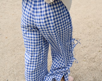 Uma blue gingham linen trousers - Linen pants - Straight cut - Linen culottes - Washed linen pants - Gingham linen pants - Wide linen pants