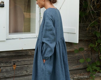 Ready To Ship - Margo blue linen wool blend dress - Wool linen dress - Linen dress - Oversized linen dress - Winter dress -
