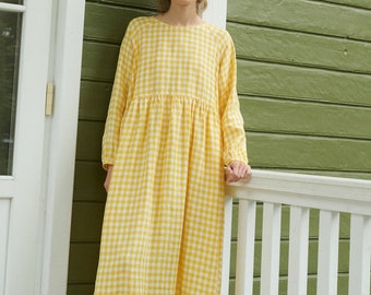 Sukienka lniana Margo w żółtą kratkę gingham - Sukienka lniana - Jesienna sukienka lniana - Długa sukienka lniana