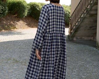 Gotowa do wysyłki - Sukienka lniana Margo w granatową kratkę gingham - Sukienka lniana - Sukienka lniana na jesień - Długa sukienka lniana - Sukienka maxi