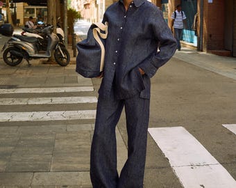 Martina Blue Denim Linen Pants - Wide-leg Pants - 100% Linen Trousers - Woman's Linen Pants - Wide Pants - Loose-Fit Denim Trousers