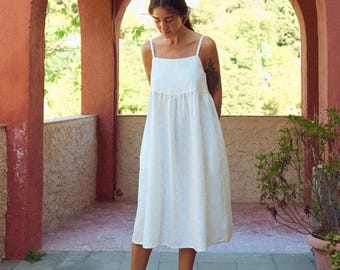 White Linen Midi Pinafore Dress - Baru - Spaghetti Strap Summer Dress - Linen Dress - Women's Midi Dress - Soft Linen Dress - Midi Dress