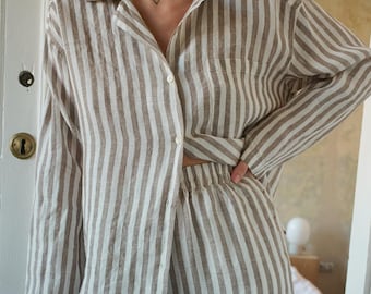 Pyjama shirt - Long sleeve shirt - Striped shirt - Pyjama - Nightwear - Cacao Stripes - Linen shirt - Pajama shirt - Sleepwear -Linen pyjama