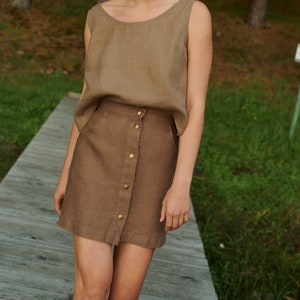 Sami heavy cacao skirt - Heavy linen skirt - Mini linen skirt - Linen snap button skirt - Washed short linen skirt