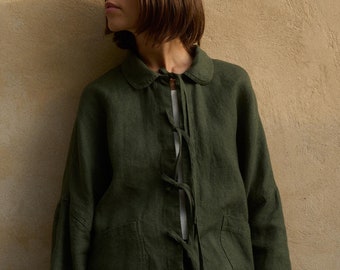 Ready To Ship - Monika green linen wool jacket - Utility jacket - Work jacket - Linen wool jacket - Linen coat