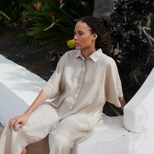Annika beige linen dress - Oversized dress - Snap button linen dress - Maxi linen dress - Button down dress - Shirt dress
