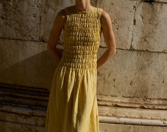 Ready To Ship - Emilija butter linen dress - Sleeveless dress - Linen dress - Smocked bodice dress - Summer dress - Midi dress