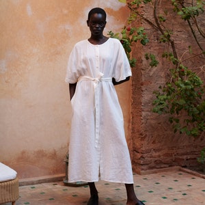 Athiec milky white oversized linen dress - Snap button linen dress - Summer linen dress - Linen tunic dress - Maxi linen dress -