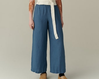 Pantalon en lin bleu stellaire Brenna - Pantalon long en lin - Pantalon d'été large en lin - Jupe-culotte en lin