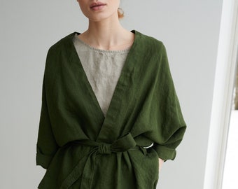 Rene forest green jacket - Medium weight linen jacket - Linen coat - Washed linen coat - Linen cardigan