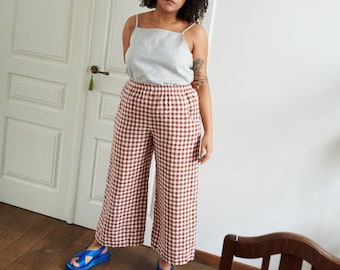 Ocean Terracotta Gingham Trousers - Linen pants - Linen Trousers - Gingham Linen Trousers