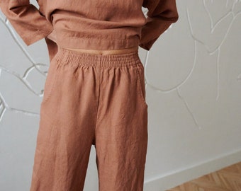 Oceaan mokka mousse broek - Linnen broek - Losse linnen broek - Linnen culottes - Wijde pijpen broek - Zachte linnen broek