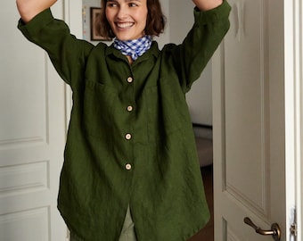 Kay forest green shirt - Linen shirt - Drop shoulder shirt - Oversized linen shirt - Washed linen clothes