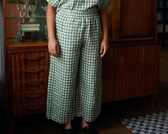 Ocean Green Gingham Trousers - Linen pants - Linen Trousers - Gingham Linen Trousers