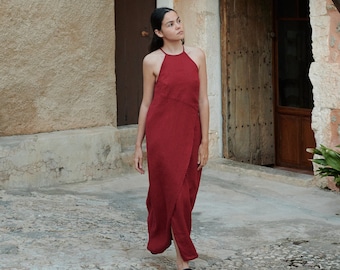 Mira burgundy red dress - Spaghetti strap linen dress- Linen dress - Long linen dress