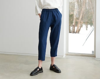 Mara navy blue trousers - Tapered linen pants - Linen trousers - Linen pants - Washed linen pants - Summer linen pants - Harem linen pants