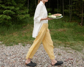 Frankie Yellow Gingham Trousers - Linen pants - Linen Trousers - Gingham Linen Trousers