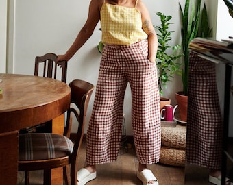 Frankie Terracotta Gingham Trousers - Linen pants - Linen Trousers - Gingham Linen Trousers