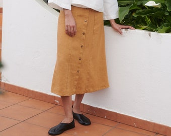 Maricela camel linen skirt - Long linen skirt - Linen snap button skirt - Button skirt - Summer skirt - Linen skirt -Long skirt