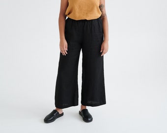 Ocean black trousers - Linen pants - Linen trousers - Linen culottes - Washed linen pants - Wide linen pants