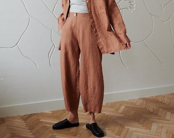 Frankie mocha mousse trousers - Barrel trousers - Linen trousers - Loose linen pants - Linen pants