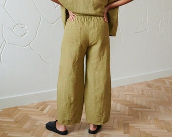 Frankie heavy olive trousers - Heavy linen pants - Linen trousers - Linen barrel pants - Washed heavy linen pants
