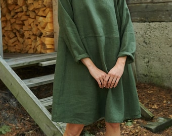 Marie green linen wool blend dress - Wool linen dress - Linen dress - Mini linen dress - Winter dress