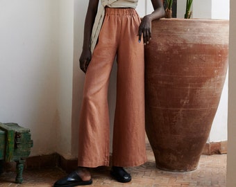 Pantalón de lino Brenna mocha mousse - Pantalón largo de lino - Pantalón ancho de lino de verano - Culottes de lino