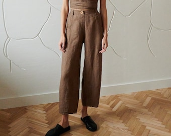 Frankie cacao waffle linen trousers - Barrel linen trousers - Washed linen trousers - Soft linen linen trousers - Linen clothes