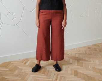 Pantalon terracotta épais océan - Pantalon en lin épais - Pantalon en lin - Jupe-culotte en lin - Pantalon en lin épais lavé