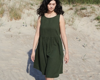 Dana forest green dress - Smock dress - Basic linen dress - Loose linen dress - Simple linen dress - Linen tunic dress -Summer linen dress